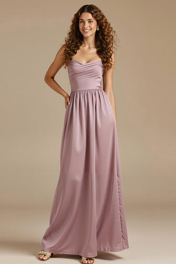 Strapless Dusty Rose A Line Ruched Maxi Evening Dress